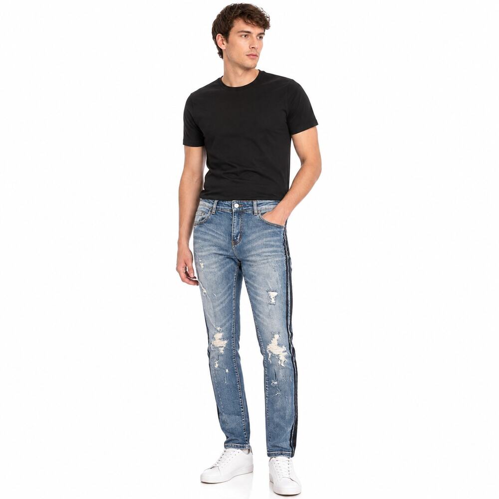 Embellish Distressed Jeans Mens 32 Blue Side Stripe Slim Ripped Light Wash Denim